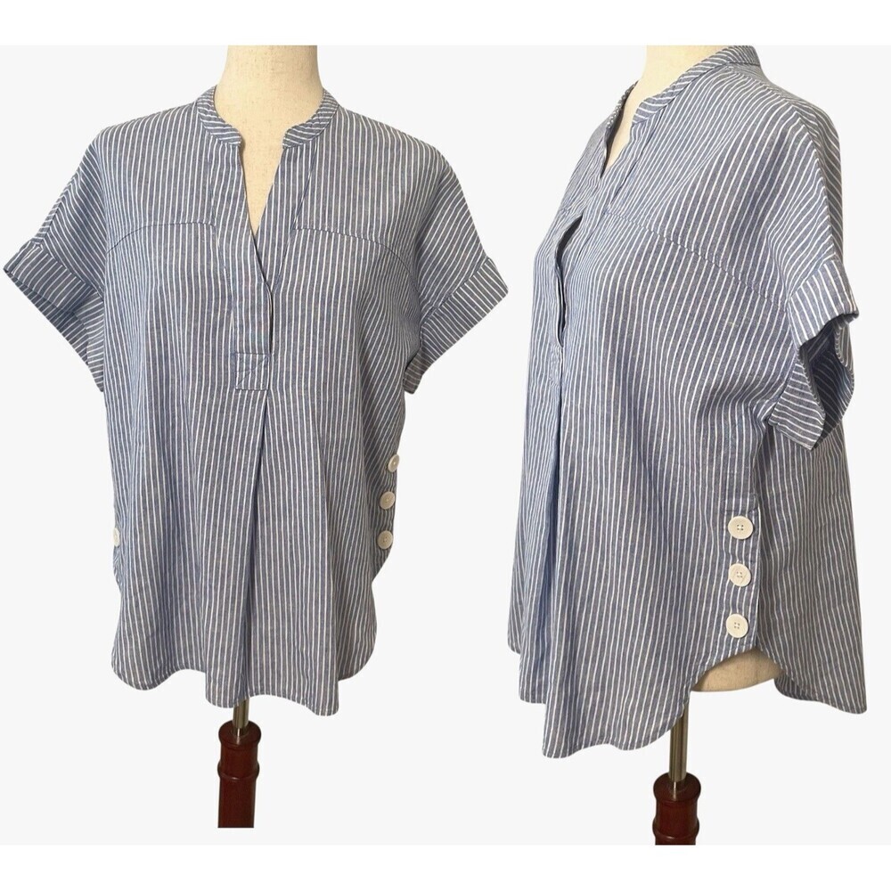 Nicole Miller Womens Medium Blue Striped Linen Blend Short Sleeve Boxy Lagenlook